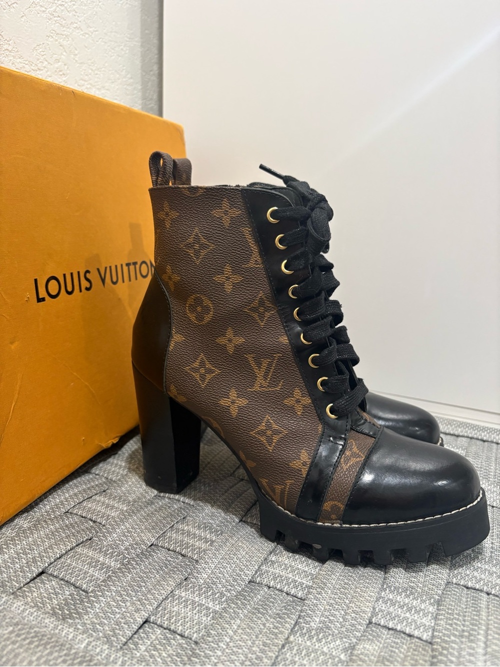 Louis Vuitton Monogram Brown and Black Lace-Up Platform Boots